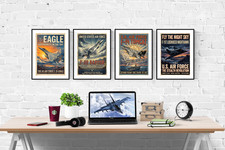 Listing image for US Air Force Fighter Jet Vintage Style Set Of 4 Prints Pictures Wall Art Poster